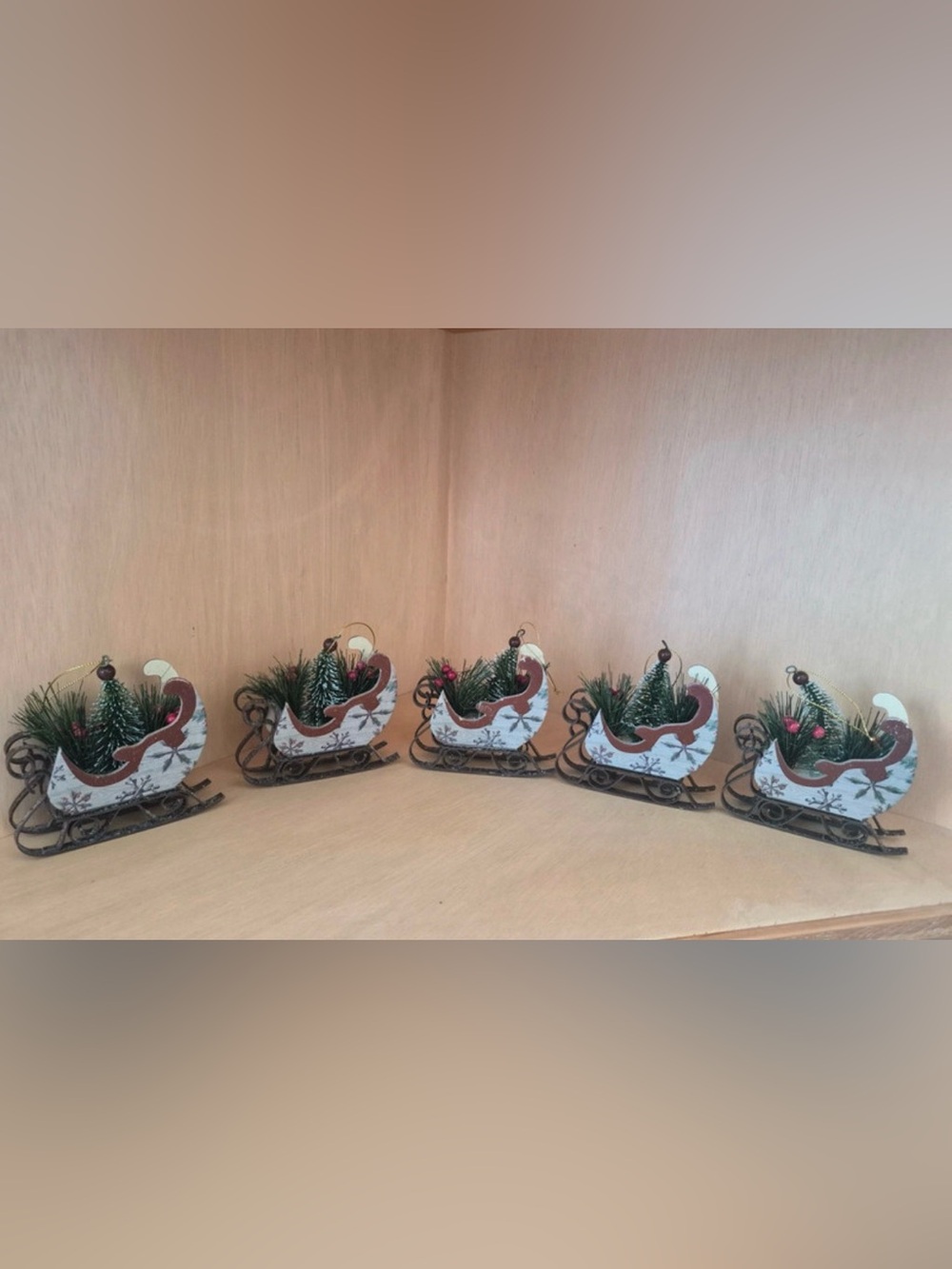 Lot of 5 Miniature Wooden Christmas Sleigh Ornaments Tabletop Holiday Decor